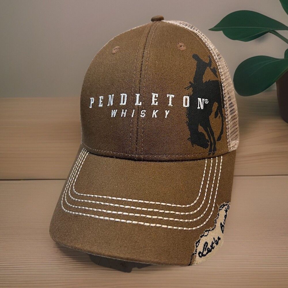 Pendleton Whisky Trucker Hat Brown Beige OS Snapback Bucking Bronco Let'er Buck